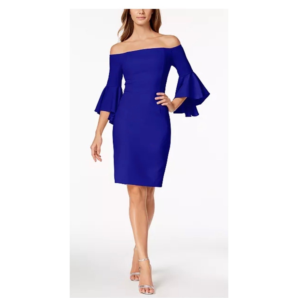 Calvin Klein Royalโ Blue Off The Shoulder Bell Sleeve Sheath Dress Size 12